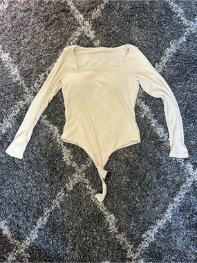 Klassy Network Cream Ribbed Long-Sleeve Square Neck Bodysuit